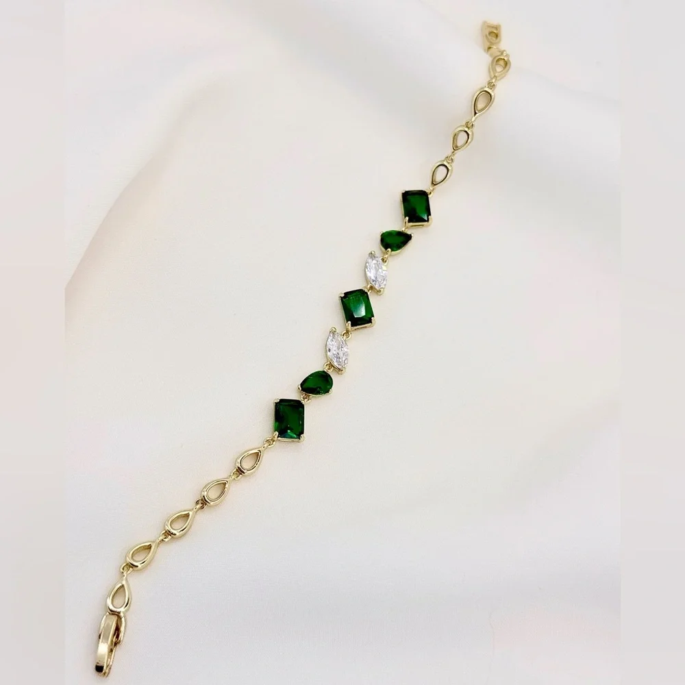 14K Gold Plated Emerald Green & Marquise CZ Tennis Bracelet – Dainty Jewelry